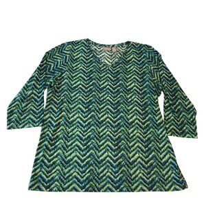 Chicos Top Women Size LARGE - 2 - 3/4 Sleeve Chevron blue/green